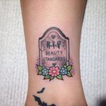 Tombstone tattoo by Kat Weir. #KatWeir #neotraditional #tombstone #beautystandards #witty