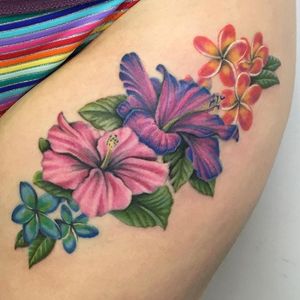 Color realism frangipani and hibiscus tattoo by Holly Whitehouse. #flower #realism #colorrealism #hibiscus #HollyWhitehouse