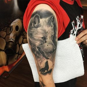 Black and grey fox half sleeve by Chris Block. #realism #blackandgrey #wolf #howlingwolf #halfsleeve #ChrisBlock