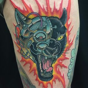 Biomechanic Panther by Wendy Pham #WendyPham #wenramen #color #traditional #Japanese #mashup #biomechanical #robot #panther #junglecat #cat #machine #fire #electric #tattoooftheday