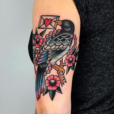 Memories by Dani Queipo #DaniQueipo #color #neotraditional #folktraditional #newtraditional #bird #feathers #wings #loveletter #pearls #flowers #leaves #branch #nature #love #heart #tattoooftheday