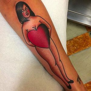 Girl with a Big Heart Tattoo by La Dolores @LaDoloresTattoo #Ladolorestattoo #Traditional #Black #Red #Girl #Lady #Vintage #Madrid #Spain