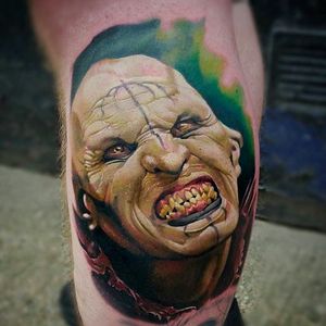 Gruesome looking orc portrait tattoo done by Peter Tattooer. #PeterTattooer #portraittattoo #realistic #orc #coloredportrait #realism #portrait