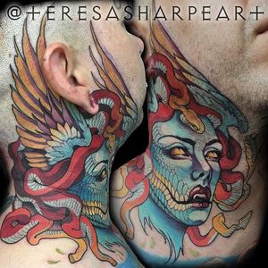 Neo traditional medusa neck piece. By Teresa Sharpe. #neotraditional #TeresaSharpe #neck #Medusa #mythology