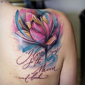 Abstract watercolor tulip and lettering tattoo by Kati Berinkey. #abstract #watercolor #flower #tulip #lettering #KatiBerinkey