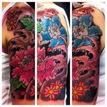 A bright and cheerful 1/2 sleeve of peonies an cherry blossoms by Rhys Gordon #RhysGordon #Japanese #traditionaljapanese #sleeve #Japanesesleeve #peony #cherryblossom