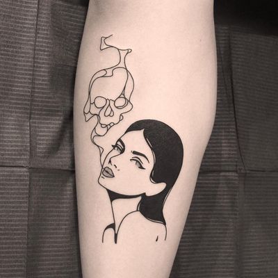 Smokin hot lady head tattoo by Welfare Dentist #WelfareDentist #ladyheadtattoo #linework #lady #portrait #babe #blackfill #minimal #graphic #popart #skull #smoke #blackandgrey #tattoooftheday