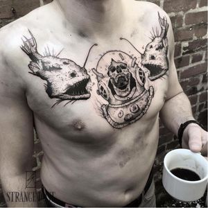 Skull diver tattoo by Strange Dust #StrangeDust #blackwork #skull #diver #fish