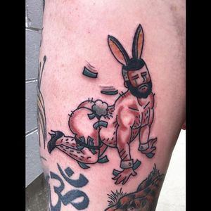 Big boy pin up tattoo by Jamie August. #JamieAugust #pinup #bigboypinup #man #pinupman #playboybunny #stripper #trad #traditional #traditionalamerican