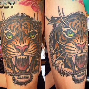 The face of a tiger by Maxwell Quester Brown (via IG -- brownbrotherstattoo) #maxwellquesterbrown #fangs #tiger