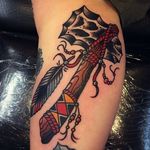Traditional Tomahawk Tattoo by Jake Pierson #tomahawk #tomahawktattoo #tomahawktattoos #nativeamericantattoo #traditionaltomahawk #traditionaltattoo #traditionaltattoos #JakePierson