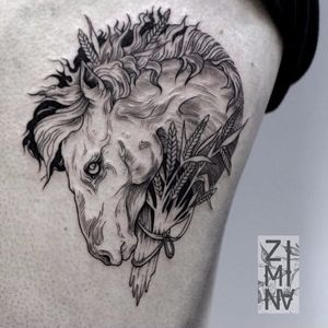 Horse tattoo by Zhenya Zimina #ZhenyaZimina #blackwork #engraving #horse #btattooing #blckwrk #blackworkhorse