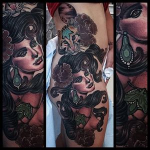 Neo traditional cat, flower and lady side piece by Missy Rhysing. #neotraditional #cat #flowers #MissyRhysing #lady #woman