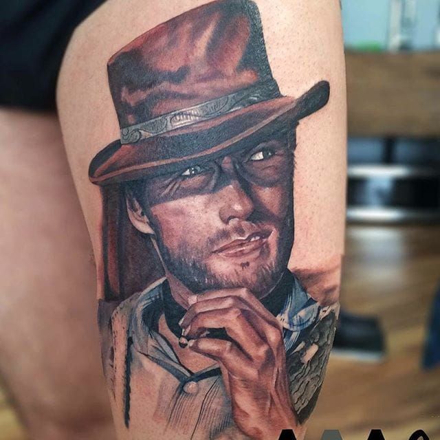 Tattoo uploaded by Mark Zvy  The portrait of Clint Eastwood from The Good  the Bad and the Ugly is the most powerful engaging and iconic Western in  film history The work