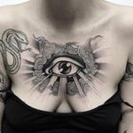 Seeing eye tattoo by Totemica #Totemica #chesttattoos #blackandgrey #linework #eye #thirdeye #light #shine #chestpiece #surreal