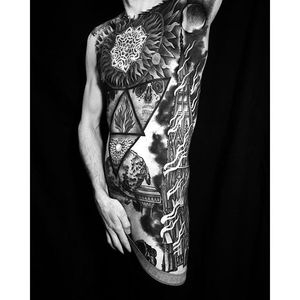 Occult torso tattoo by Zac Scheinbaum. (Instagram: @zacscheinbaum) #largescale #blackwork #occult #church #ZacScheinbaum