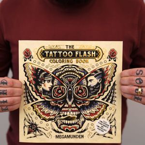 Ollie Munden's newest title, The Tattoo Flash Coloring Book. #bookreview #coloringbook #flashdesign #MEGAMUNDEN #OllieMunden