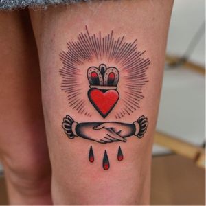 Promise tattoo by Florian Santus #FlorianSantus #traditional #oldschool #handshake #heart #crown #promise