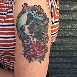 Healed puppy portrait by Sami Locke. #dog #portrait #petportrait #neotraditional #frame #flowers #SamiLocke