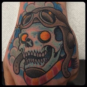 Tattoo by Josh Autrey #pilotskull #skull #traditional #JoshAutrey