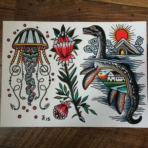 Traditional tattoo flash by Sam Ricketts, photo from Sam's Instagram. #flash #flashsheet #traditional #oldschool #jellyfish #monster #dinosaur
