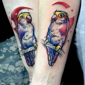 Love birds matching tattoos by Matty Nox #MattyNox #watercolor #lovebirds #matching #birds
