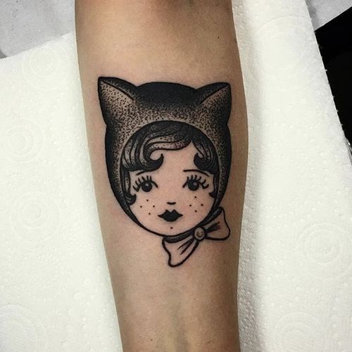 Blackwork little girl tattoo by Sarah Whitehouse. #SarahWhitehouse #Manchester #UK #blackwork #littlegirl #kid #girl #cute #adorable #cat #dotwork