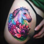 A dashing watercolor horse bordered by a lotus and crystals via Jeremy Sloo Hamilton (IG—slootattoos). #crystals #JeremySlooHamilton #lotus #vibrant #watercolor