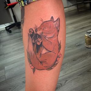 Sleeping fox tattoo by Aimee Bray. #neotraditional #AimeeBray #fox #babyfox #animal