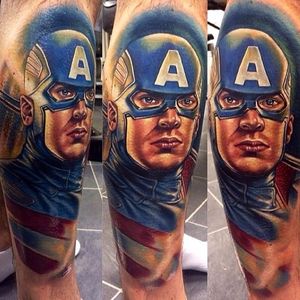Realistic portrait tattoo by Roman Abrego. #captainamerica #superhero #marvel #comics #movies #RomanAbrego #realism