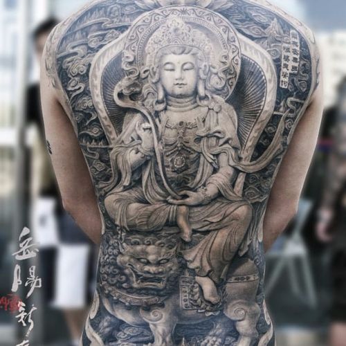 Epic Bodhisattva Manjushri backpiece by Heng Yue #newassasintattoo #HengYue #Buddhism #blackandgrey #portrait #portraiture #realism #realistic #lion #bodhisattva #clouds #lotus #throne #asian #stone #tattoooftheday