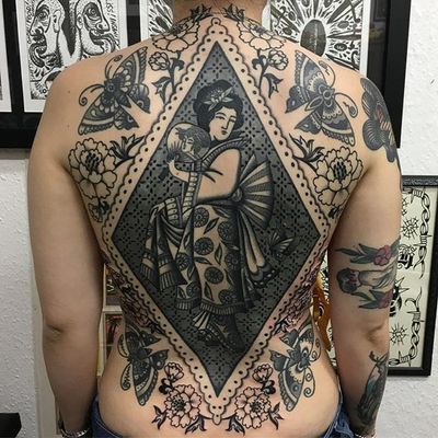 Blackwork back-piece by Wolfspit #Wolfspit #blackwork #geisha #floral #butterfly #tattoooftheday