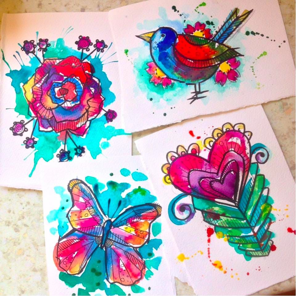 Arte de la acuarela de Katriona MacIntosh #KatrionaMacIntosh #butterfly #heart #flower #watercolor #watercolor #bird