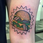 Sparkly double cheese and bacon burger tattoo by Jon Lemholt. #traditional #burger #bacon #cheeseburger #sparkly #JonLemholt