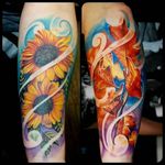 Color realism sunflower and autumn leave forearm pieces by Justin Buduo. #realism #colorrealism #JustinBuduo #flower #sunflower #leaves #Autumn