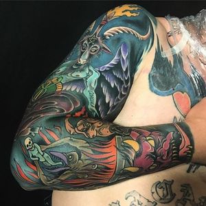 Satanic Sleeve Tattoo by Alexander Pozniakov #sleeve #sleevetattoo #sleeveinspiration #ukrainianartist #ukrainetattoo #AlexanderPozniakov