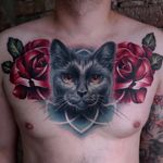 Cat tattoo by Sandra Daukshta #SandraDaukshta #realistic #painterly #paintingstyle #cat #rose