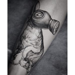 Blackwork gasmask bunny tattoo by Dmitriy Zakharov. #DmitriyZakharov #blackwork #dotwork #rabbit #gasmask #bunny #bizarre