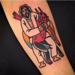 The battle of Good vs. Evil. Jesus putting the Devil in an abdominal stretch. Tattoo by @wan_tattooer. #Jesus #Devil #GoodVsEvil #traditional #wan_tattooer