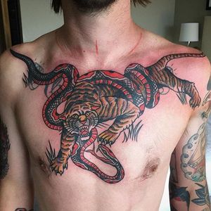 Tiger Tattoo by Max Kuhn #tiger #freehand #freehandtraditional #traditional #drawnon #nostencil #oldschool #traditionalartist #MaxKuhn
