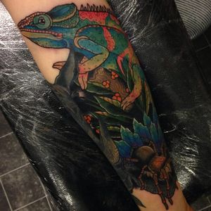 Chameleon tattoo by Robert Oldfield, photo from Instagram @racotattoo #RobertOldfield #chameleon #neotraditional #neon #crystals #tarantula