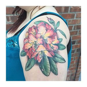 Upper arm rhododendron tattoo by Shiloah Reina. #flower #botanical #rhododendron #neotraditional #ShiloahReina