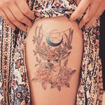 Lovely deer tattoo by Grain. #Grain #TattooistGrain #fineline #animals #deer #stag #flower #flowers #crescentmoon #moon #flora #fauna
