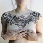 Garden-inspired tattoo by Pony Reinhardt. #PonyReinhardt #blackwork #woodcut #linework #garden #flower #plant #alligator #reptile