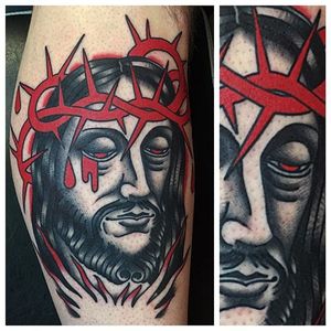 Black and red Christ head tattoo by Pat Benett. #christ #blackandred #thorns #solid #PatBennett
