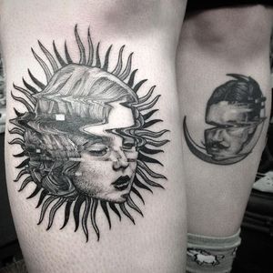 Glitch sun and moon tattoo by Max Amos. #MaxAmos #blackwork #glitch #pointillism #dotwork #sun #moon #portrait #woman #man