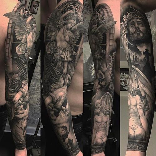 Masterfully done sleeve tattoo with Michael vs Lucifer and the Life and Death theme. #Ruben #mikstattoo #blackandgrey #michael #lucifer #life #death #sleevetattoo