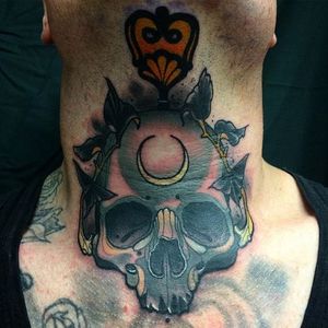Neo traditional skull throat tattoo by Jeff Snow. #neotraditional #throattattoo #skull #JeffSnow