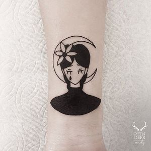Crescent moon + sad girl blackwork tattoo by Nudy. #Nudy #blackwork #girl #sadgirl #woman #lady #crescentmoon #crescent #moon