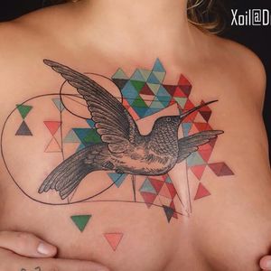 Graphic tattoo by Xoil  #bird #hummingbird #graphic #triangle #color #circles #Xoil